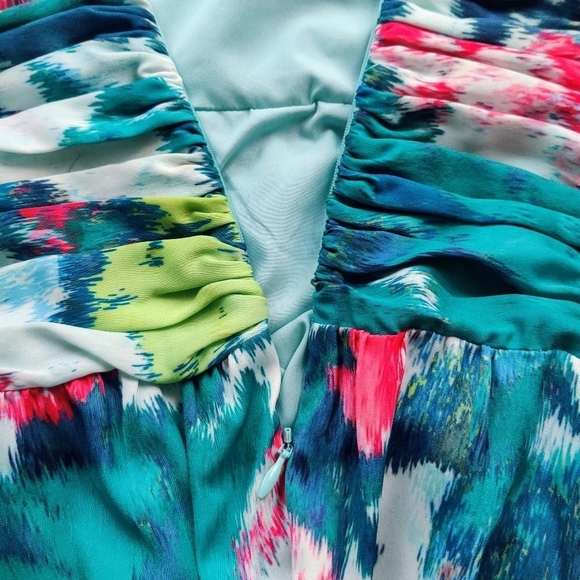 UNGARO Maureen Halter Maxi Dress M  Floral Blue Multi Ruched Waist Sleeveless - Picture 9 of 16